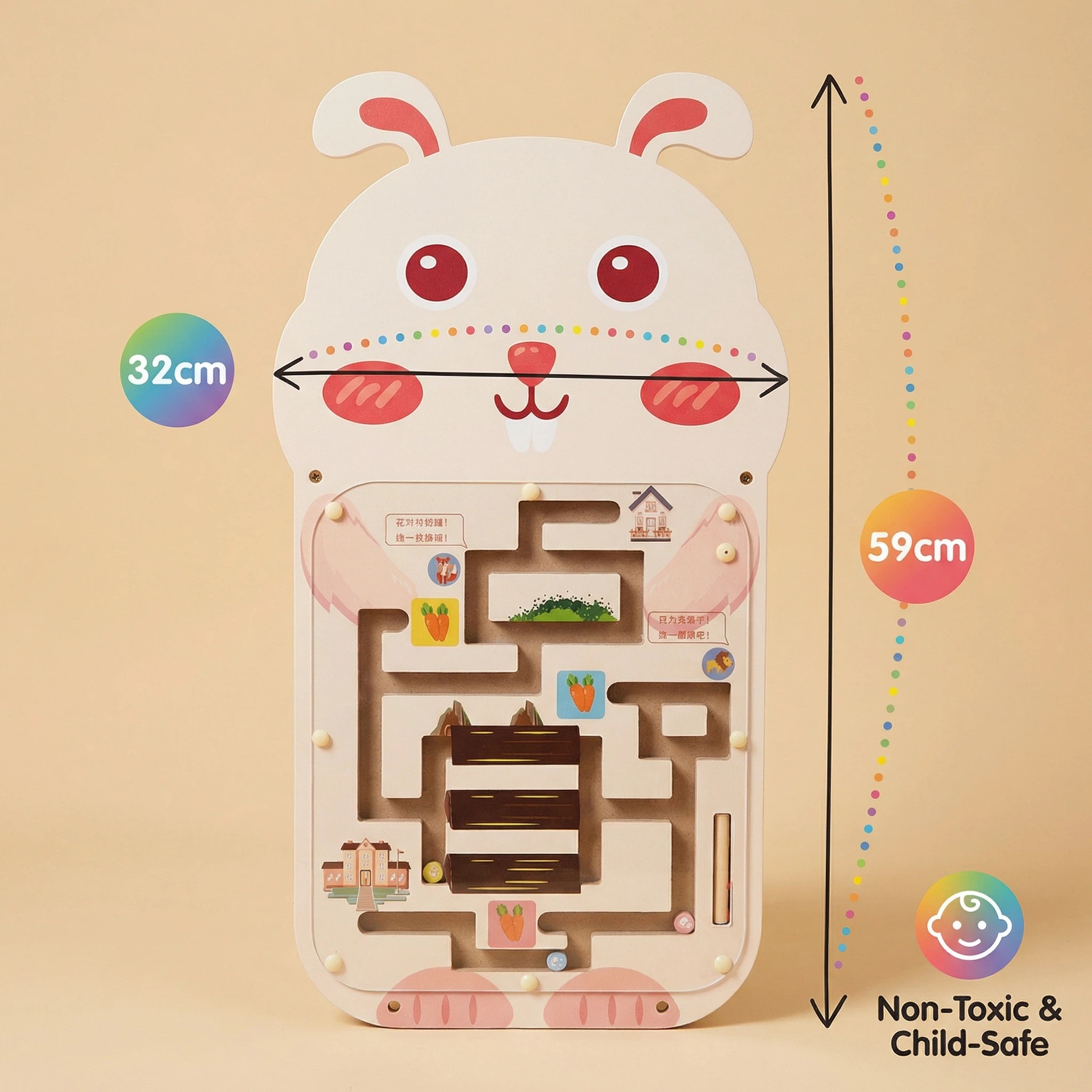 Wooden STEM Rabbit Busy Board-Educational Puzzle Toy for Ages 2-13 with Carrot Hunting &amp; Safe Path Challenges