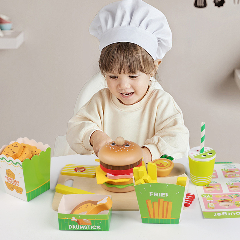 YD TOYS Eco-friendly Non-toxic Wooden Burger Sandwich Set for Children's Early Education Puzzle Food Cutting Kitchen Toy Ages