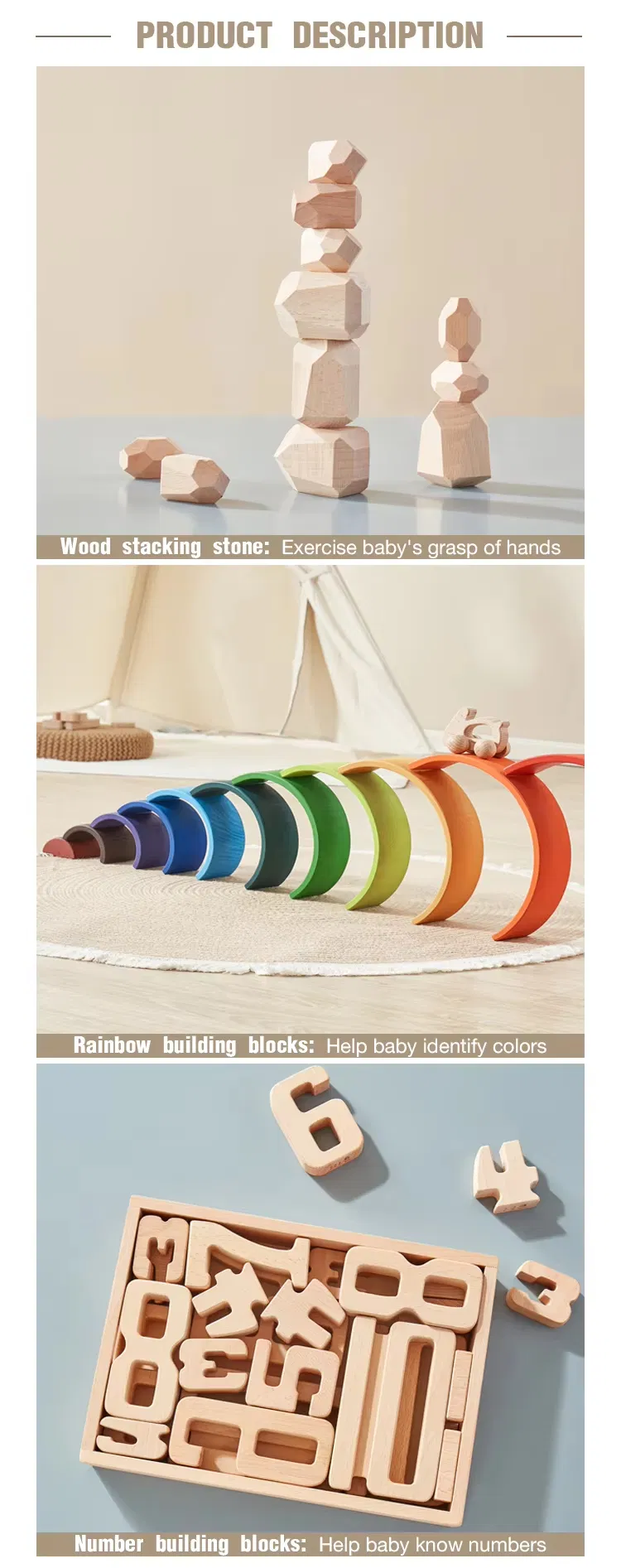Children's DIY Wooden Construction Building Blocks Educational Rainbow Toy for Kids