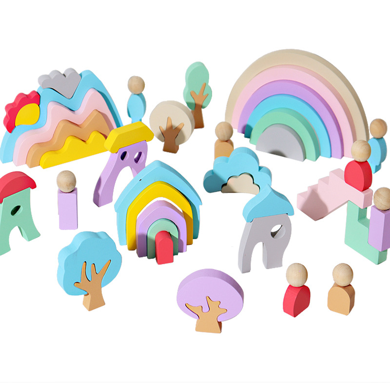 Cross-Border Children's Wooden Rainbow Building Blocks Educational Toy Color Cognition Creative Puzzle Early Learning Stacking