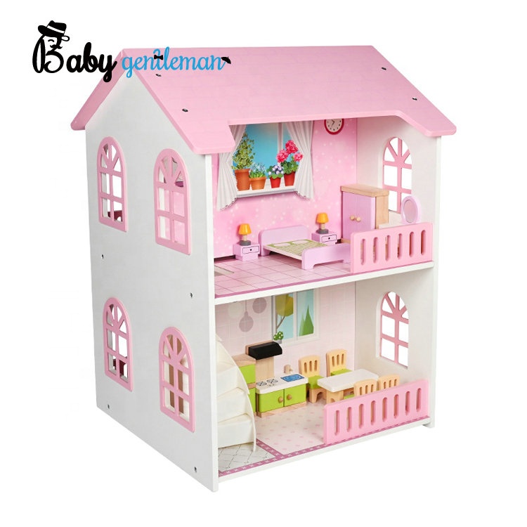 Kids Pretend Play Simulation 3 Floors Wooden Dollhouse With Furniture Kit Z06563A
