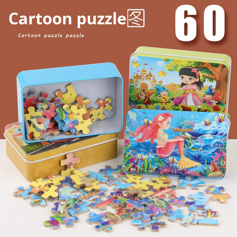 60-Piece Flat Puzzle for Children's Early Education Age 3-6 Iron Box Anime Cartoon Wooden Toys Made From Wood