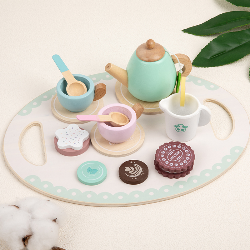 Unisex Educational Afternoon Tea Set Pretend Play Toy MDF Wooden Kitchen Play Set for Kids EN71 Certified Box Packed