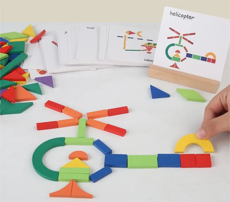 Fun Geometric Shape Puzzle Set Wooden Building Toy Bricks Blocks