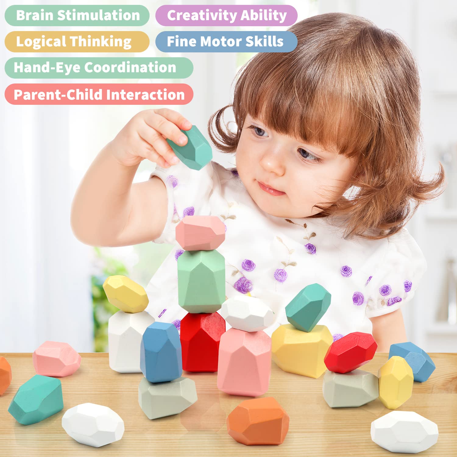 16 Colorful Wood Montessori Toy Building Block Set Stacking Stones Large Wooden Blocks Children's Education Toys for Toddlers