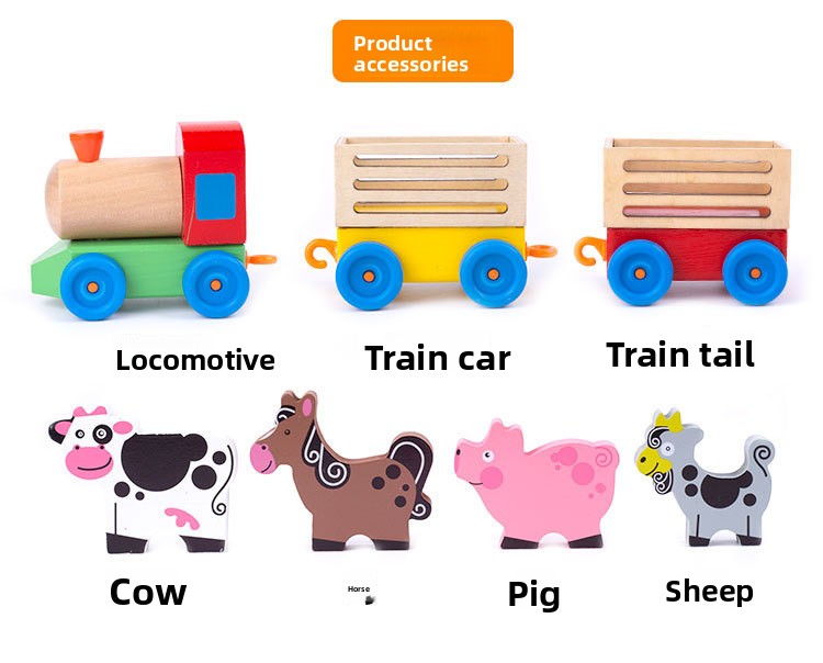 Wooden Animal Train Toy Three Section Pull Along Vehicle Set for Kids Farm-Themed Educational Play