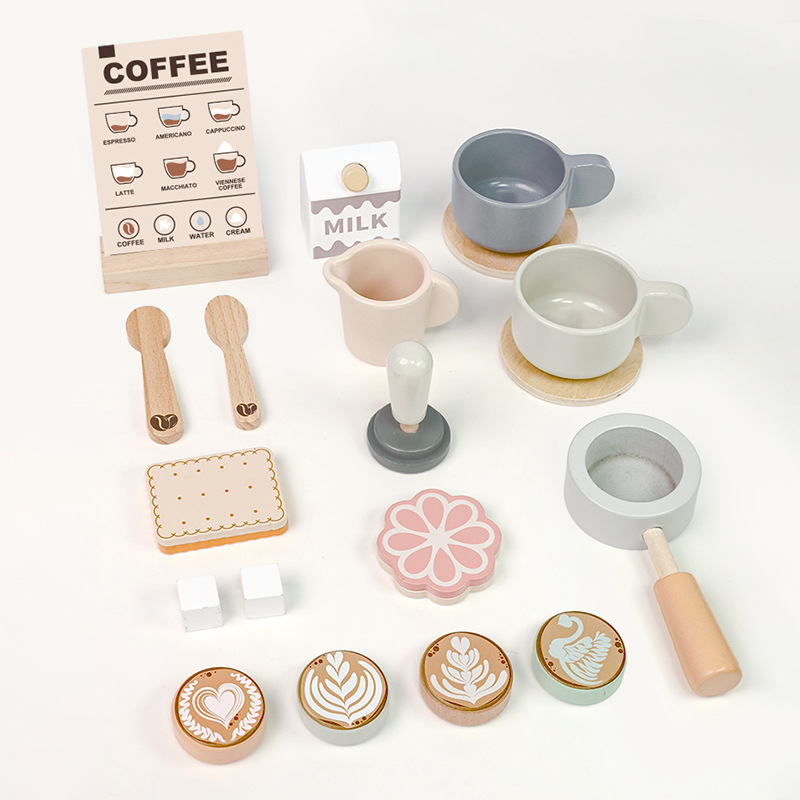 CE EN71 CPC Wooden Montessori Mini Pretend Play Coffee Machine Maker Play Set Box Kitchen/Food Toys for Kids