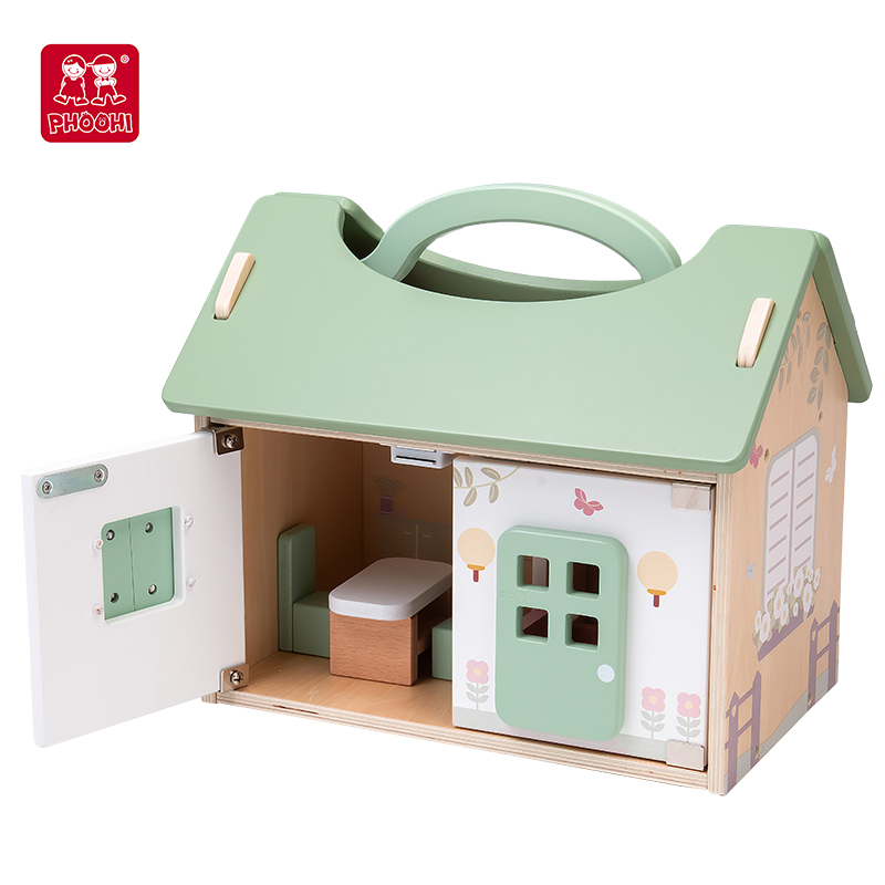 PHOOHI Kids Furniture Wooden Handheld Doll House, Wooden Two Story Villa Doll House Toy Set, with Mini Wooden Wood Unisex