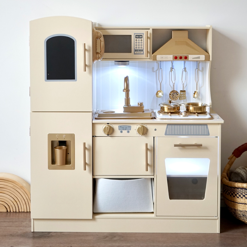 Educational Wooden Simulation Pretend Cooking Set with Realistic Light &amp; Sound Microwave Play Kitchen Set Toy for Child Boy Girl