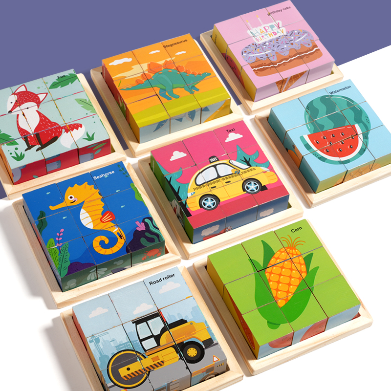 Children Wooden 6 Sides Animal 9 Cube Puzzle with Storage Tray Kids Educational Learning Montessori Toys for Toddlers