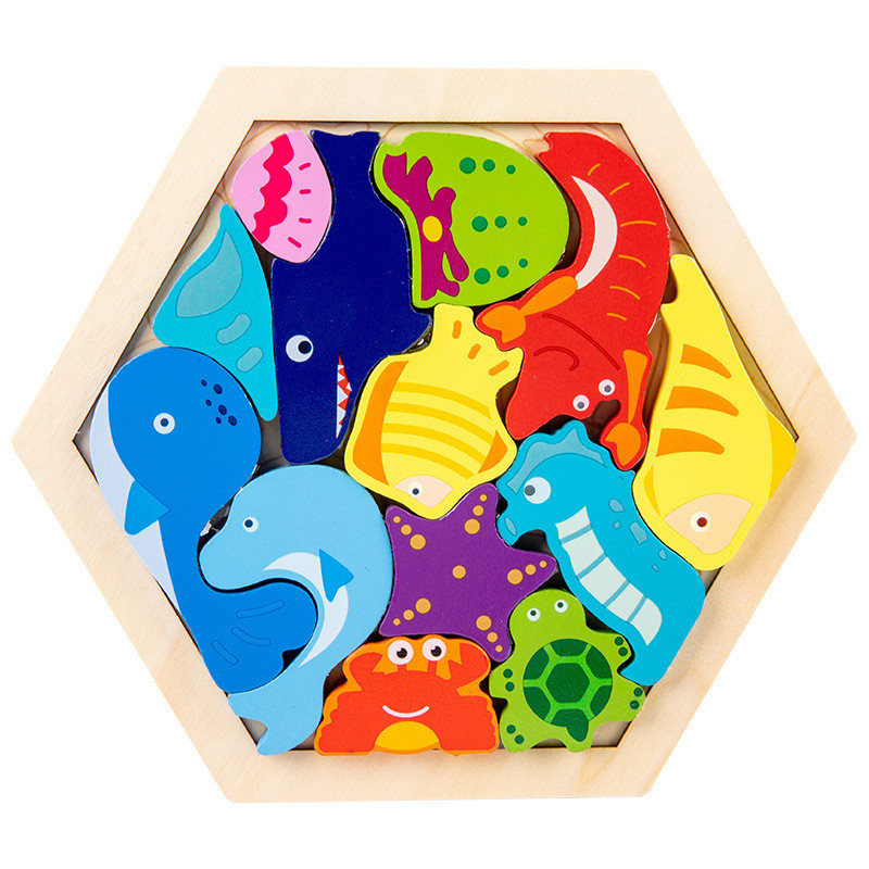 Educational Logic Thinking 3D Geometric Puzzle Toy Kids Shape Match Hexagon Animal Wooden Puzzle