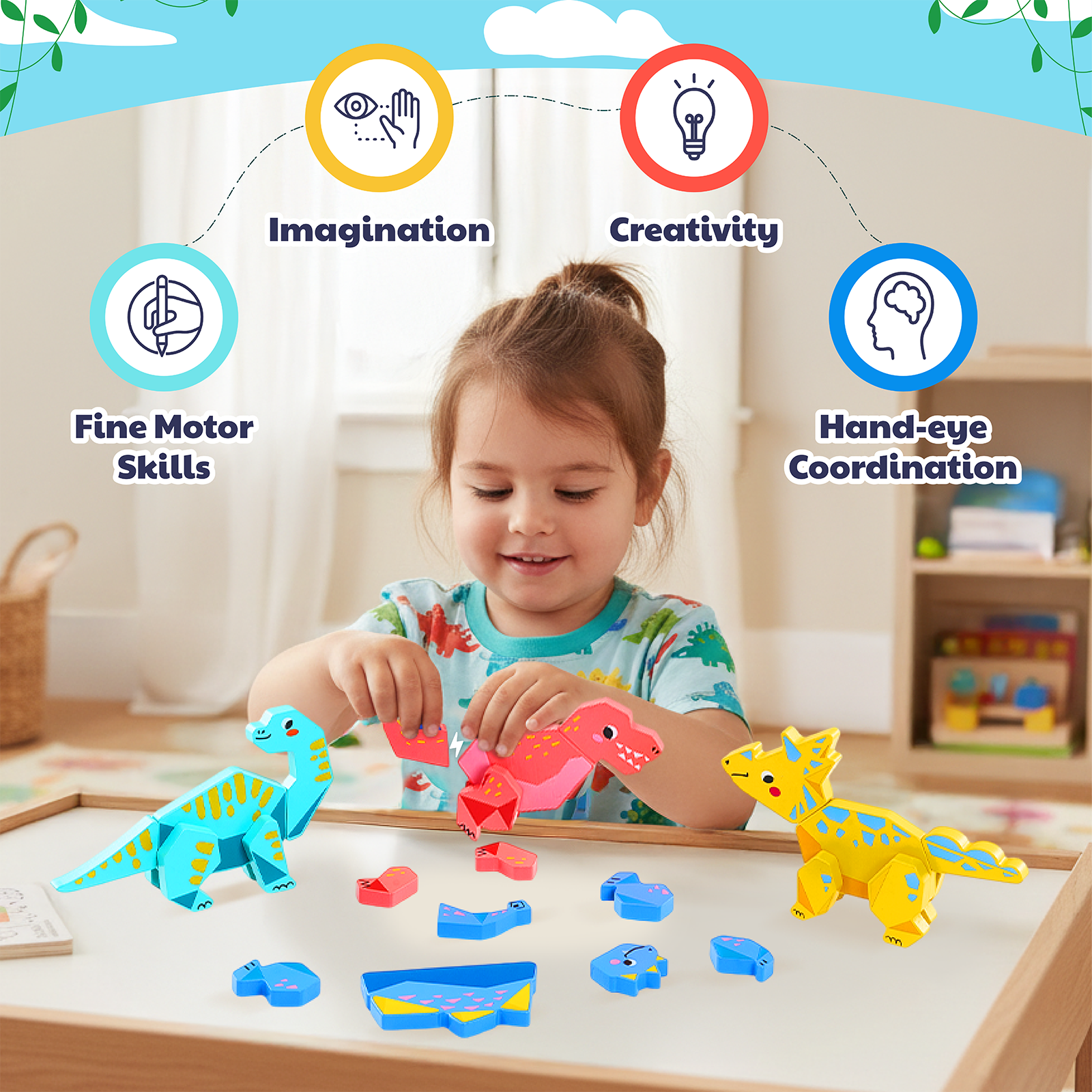 Joycat Wooden Children's Early Education Three-dimensional Animal Puzzle Baby Boys and Girls Puzzle Dinosaur Building Block Toys