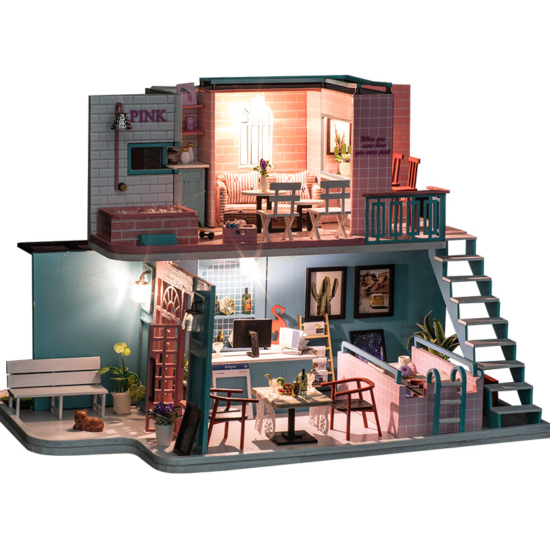 Wooden Doll House Toy for Kids Miniature Doll House Furnishings Pink Cafe