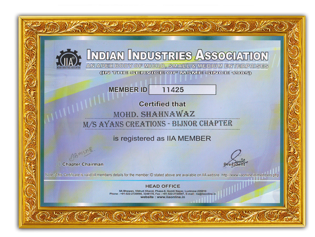 Indian Industries Association Certificate