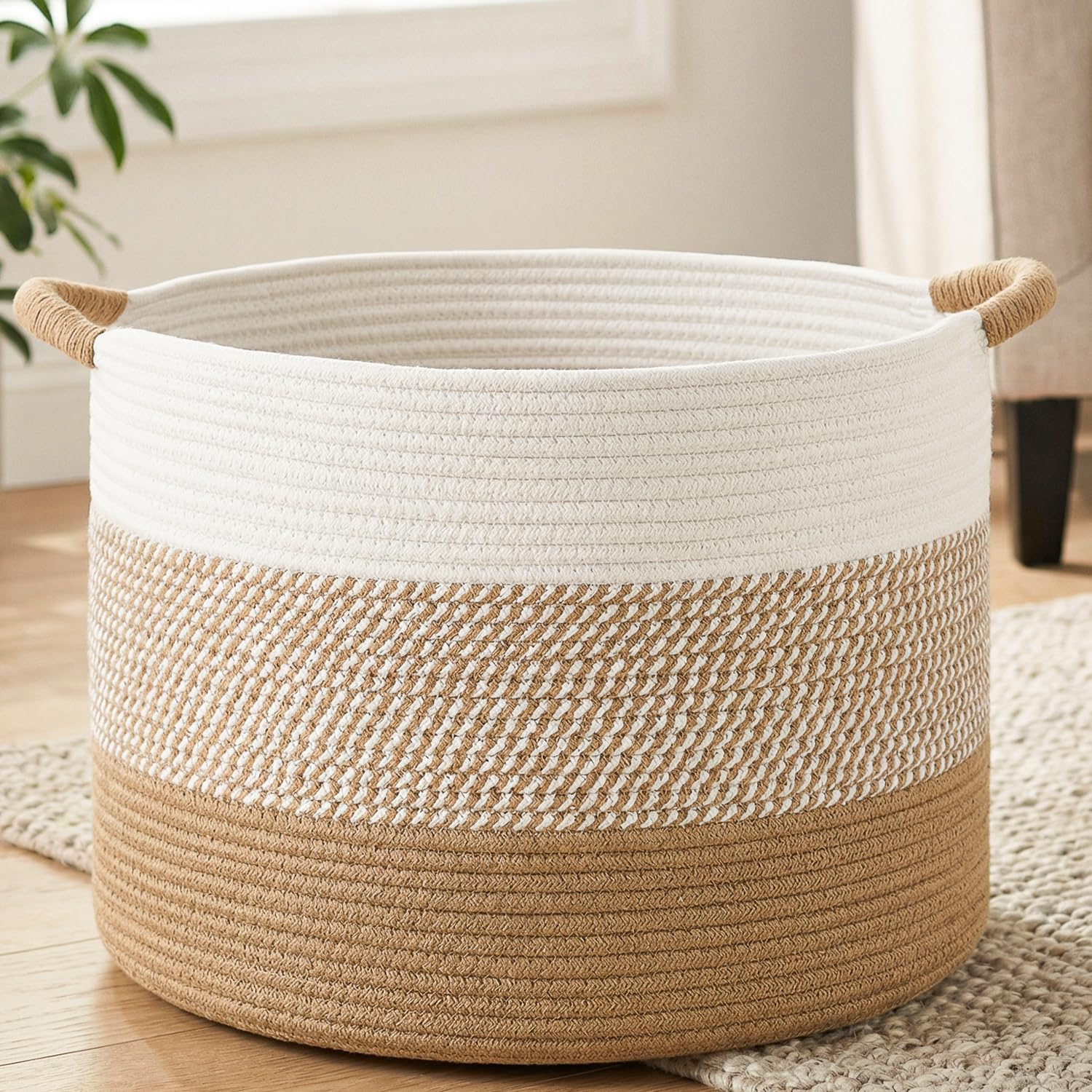 Large Cotton Rope Basket, Decorative Woven Blanket Storage Boho Toy Storage Toy Box For Kids, Versatile Nursery Hamper