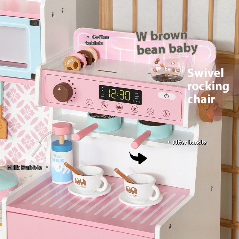 Children's Wooden Pretend Kitchen Play Set with Coffee Machine &amp; Refrigerator Educational Interactive Parent-Child Cooking Toy