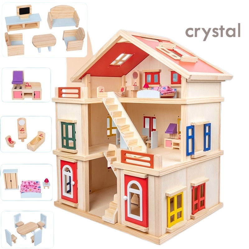 Crystal Unisex Wooden Kitchen Toys Set Play House DIY Cottage Princess Villa Disassembly Doll House Toy for 3-6yrs