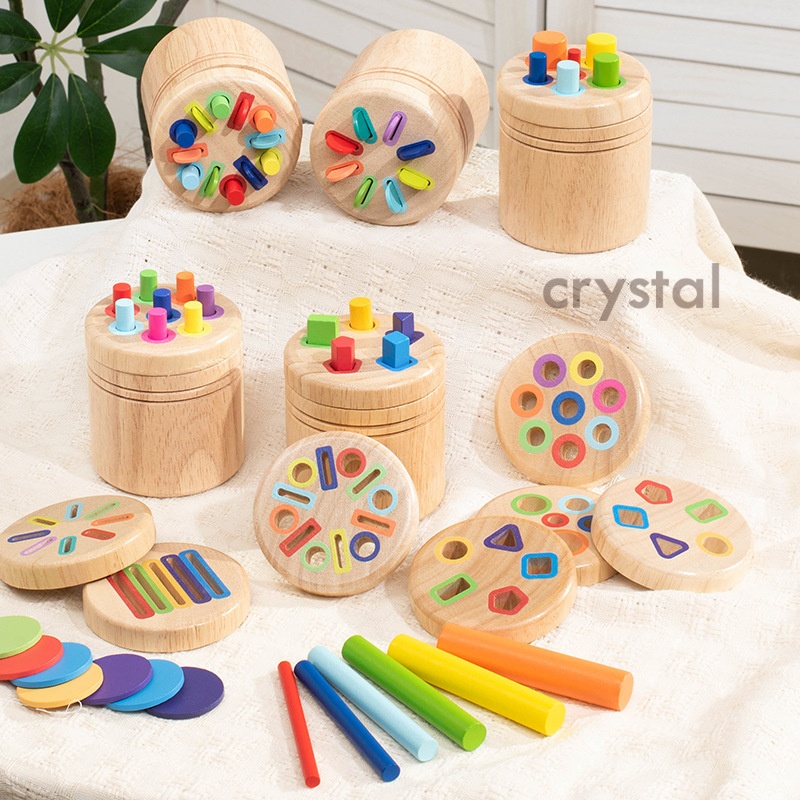 Crystal Wholesale Montessori Geometric Cognition Game Educational Shape Sorting Box Learning Toy Wooden Color Matching Toys