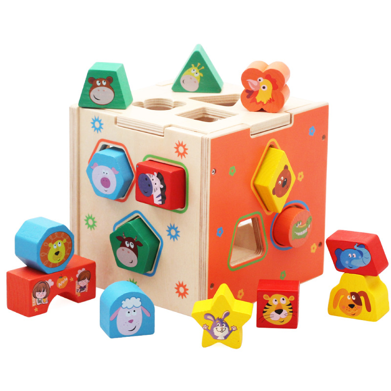 Children's Educational Wooden Block Set with Geometric Shapes and Cartoon Figures Eco-friendly Material Box Included