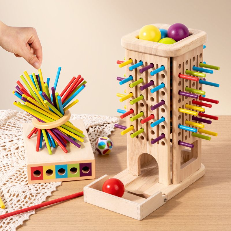 Early Education Children's Three-in-One Stacking Game Baby Stick-Pulling Color Sorting Ball-Throwing Montessori Wooden Toy for