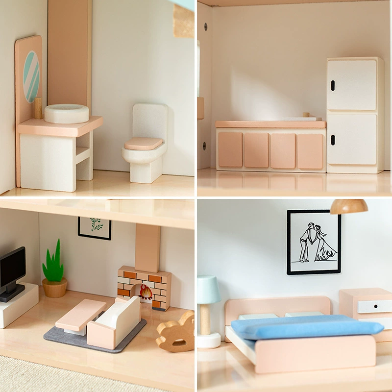 Interactive Wooden Dollhouse for Kids Children's Pretend Play Furniture Baby Simulation Villa Parent-Child Assembly Toy