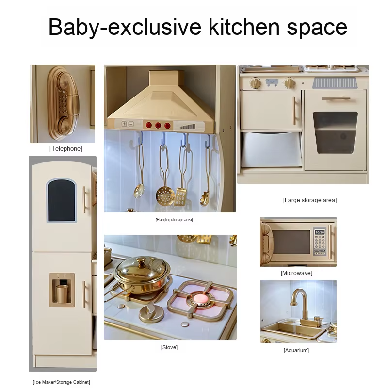 Educational Wooden Simulation Pretend Cooking Set with Realistic Light &amp; Sound Microwave Play Kitchen Set Toy for Child Boy Girl