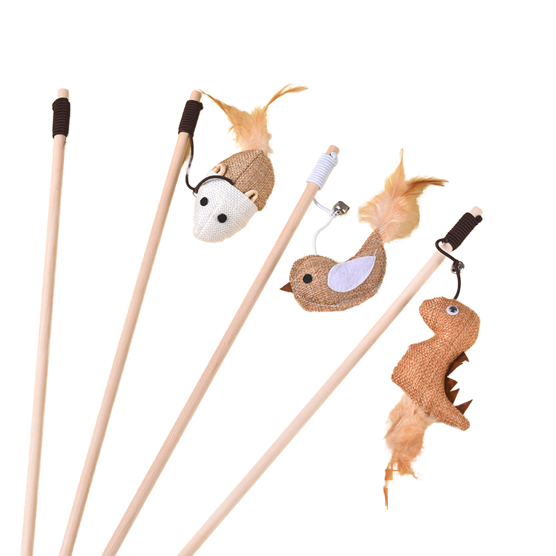 Interactive Eco-Friendly Durable Wood Cat Toy Feather Bell Playing Rod Teaser Linen Wooden Pole Teeth Cleaning Feature