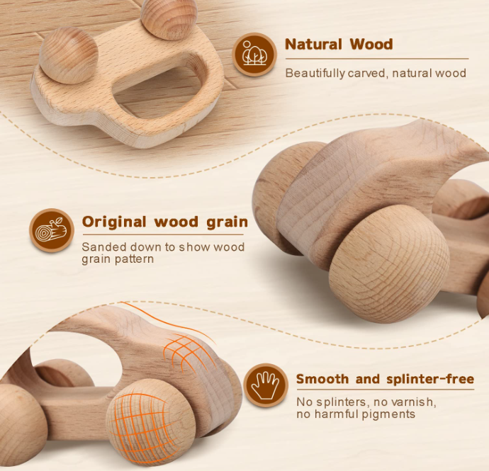 Natural Beech Wood Eco-friendly Baby Car Teething Toy Smooth Unfinished Wooden Hand Push Car for Toddler Grasp Training