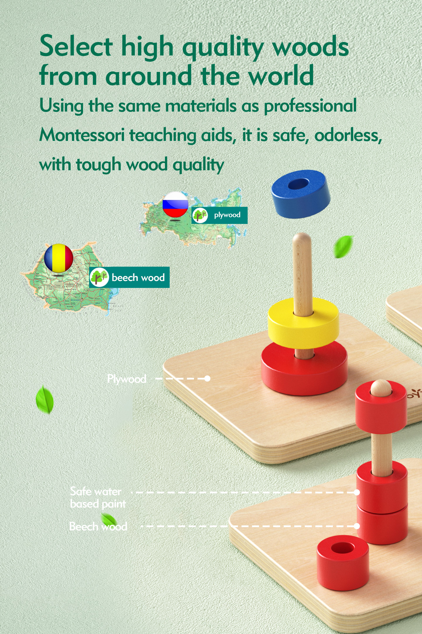 Montessori Wooden Educational Toys for Toddlers 1-3 Years Horizontal Disc Stacking Ring Toy