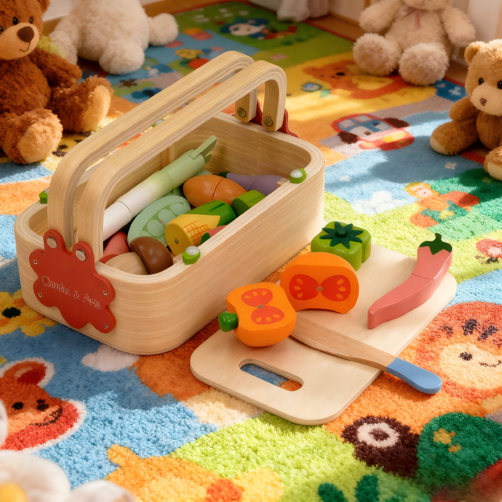 Wooden Play Food for Kids Kitchen Pretend Cutting Food Toys With Wooden Tray Dishes Knife for Kids Pretend Play Food