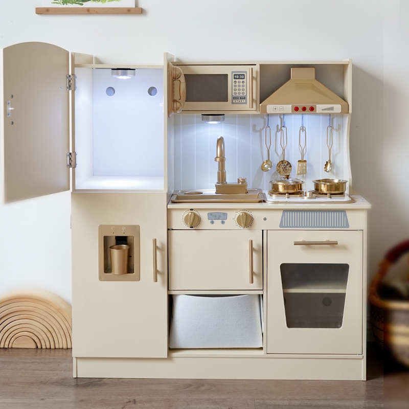 Educational Wooden Simulation Pretend Cooking Set with Realistic Light &amp; Sound Microwave Play Kitchen Set Toy for Child Boy Girl