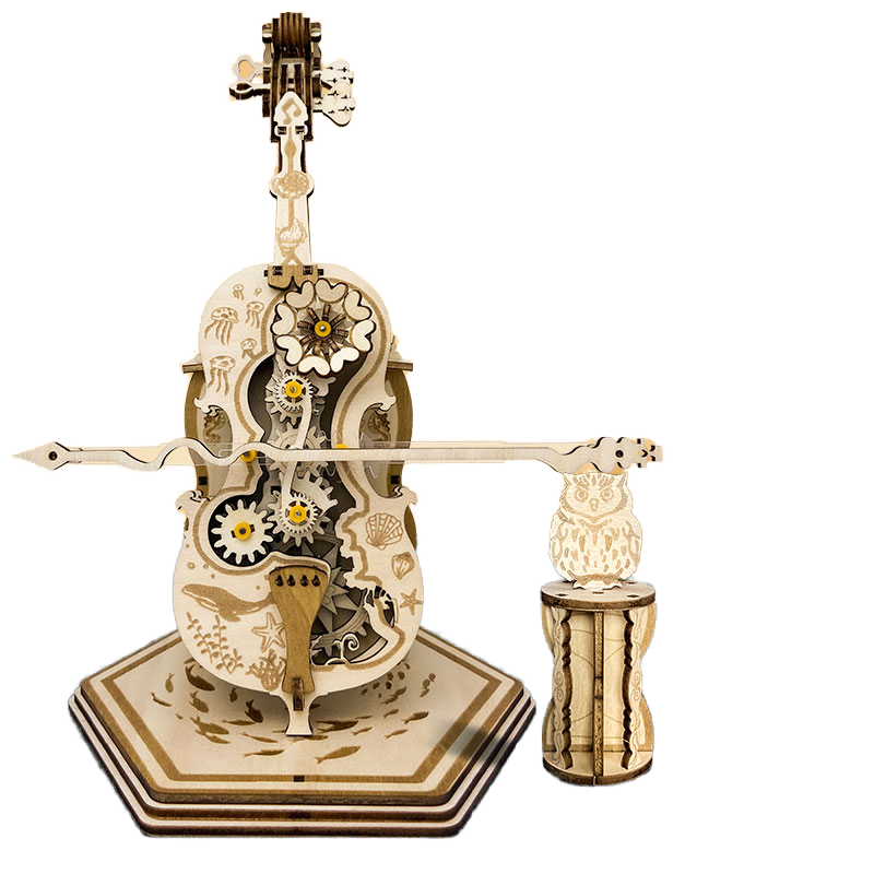 Fashion Design Punk Cello Wooden Puzzle Model Kits DIY Assemble Toys 3D Vintage Music Box Cartoon Musical Instrument Style