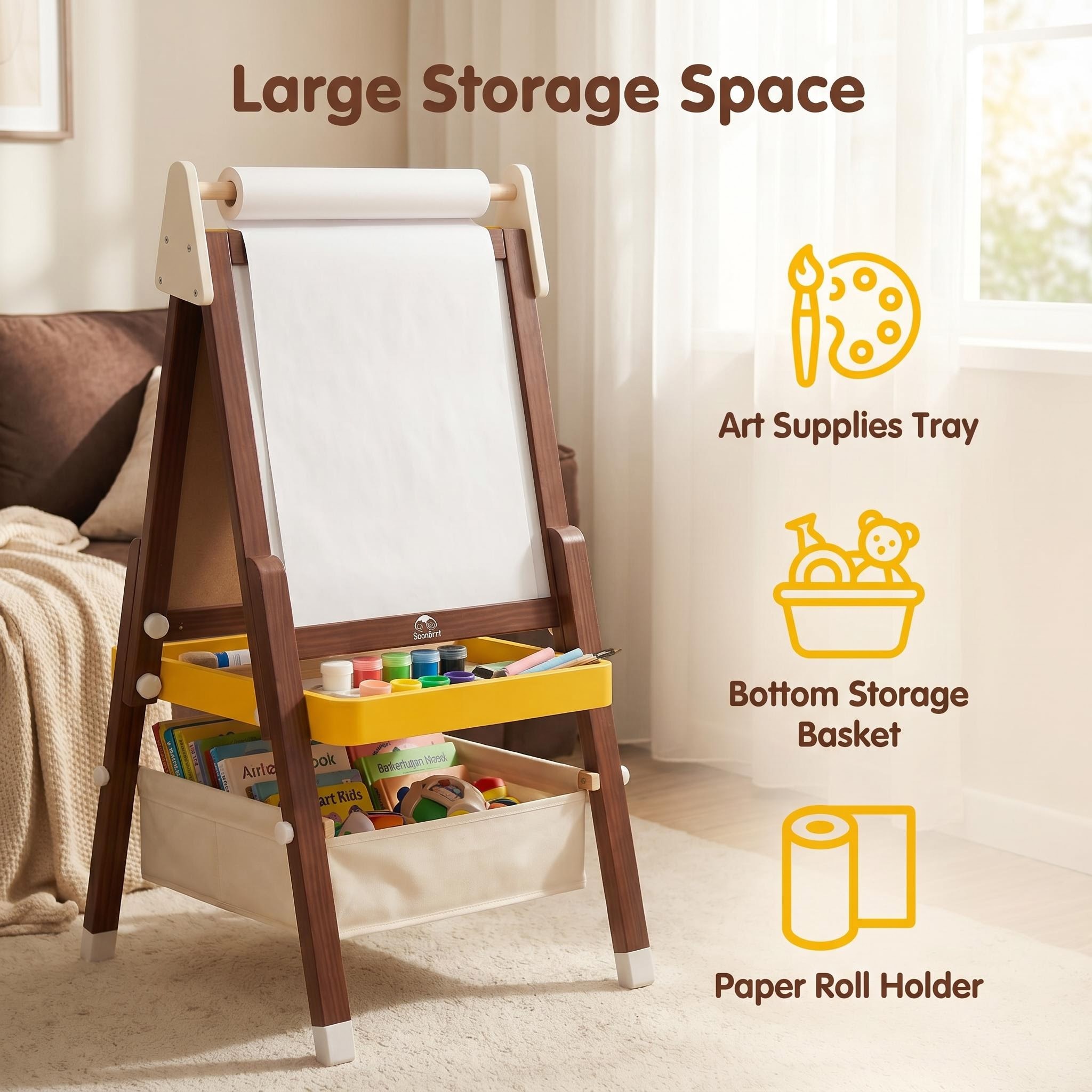 Eco Friendly Adjustable Wooden Easel for Kids Chalkboard Whiteboard Paper Roll Art Toy for Toddlers Made of Safe Material