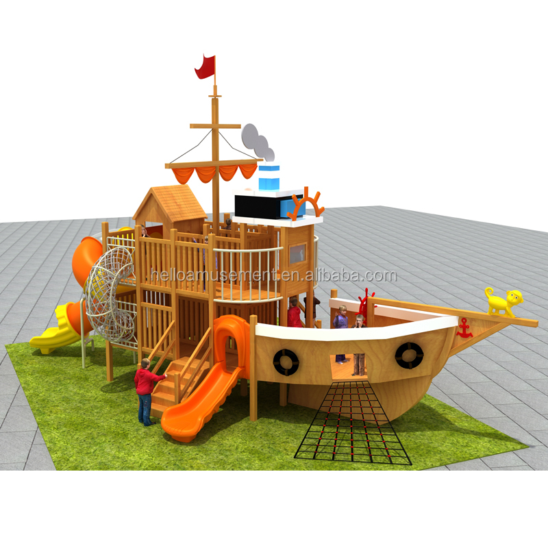 OEM Available Outdoor Park Big Slide Wooden Play Set Pirate Ship Playground