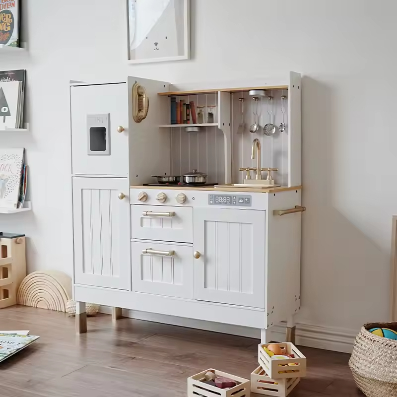 Children Wooden Role Play Simulation House White Sound-Light Kitchen Set Educational Pretend Kitchen Play Set Toys for Kids