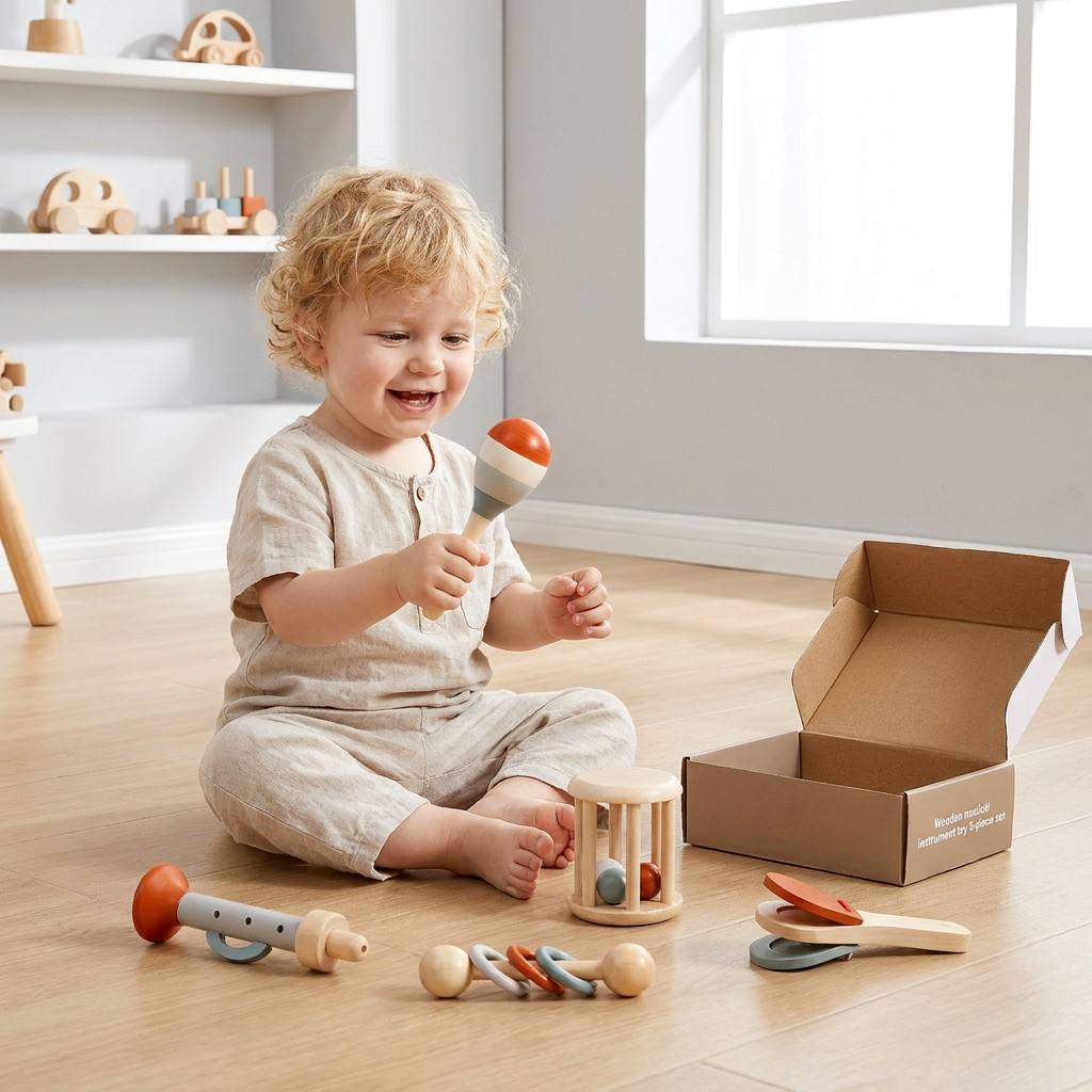 5/7 Pcs Montessori Wooden Musical Instrument Set Neutral Color Baby Sensory RattleEducational Percussion Toys for Toddlers