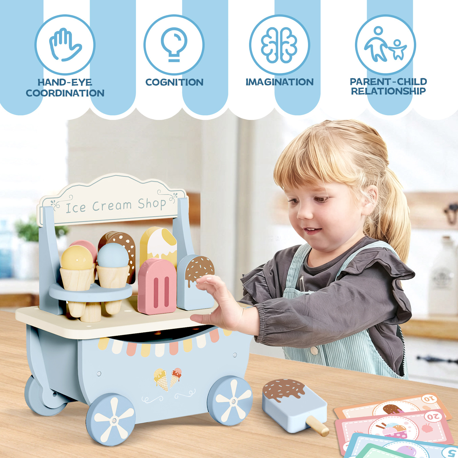 Children Wooden Ice Cream Shop Play to Learn Trolley Role Play Pretend Toy Kids Early Education Wooden Kitchen Toy