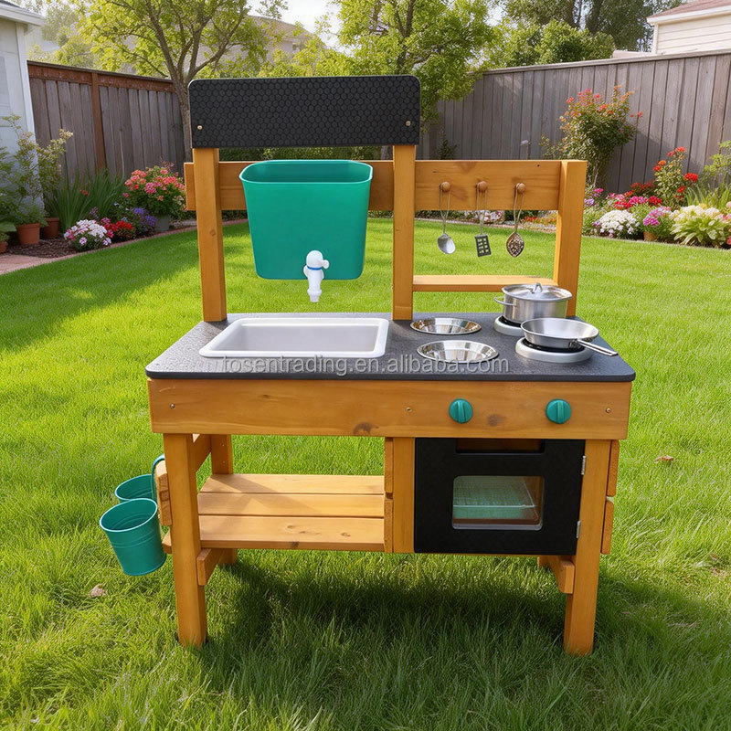 Durable Outdoor Wooden Kitchen &amp; Food Play Set with Accessories for Kids Aged 3+-for Mud Play Tosen Model TOK25004