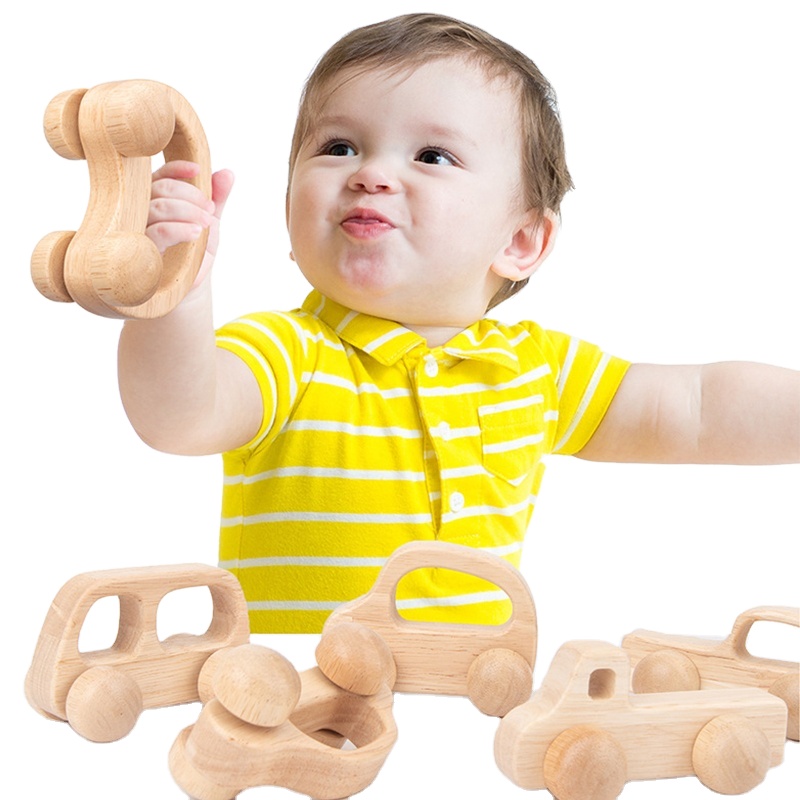 Factory Wholesale Beech Wooden Teething Toys Montessori Baby Grip Training Trolley Natural Mini Wooden Car for Kids