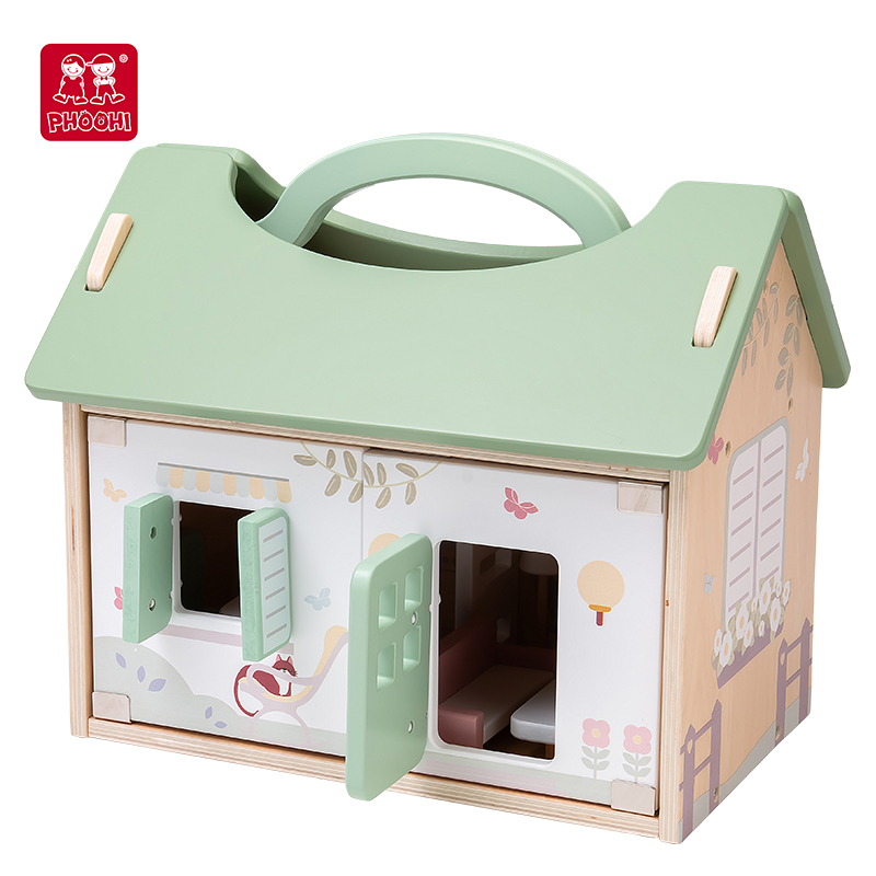 PHOOHI Kids Furniture Wooden Handheld Doll House, Wooden Two Story Villa Doll House Toy Set, with Mini Wooden Wood Unisex