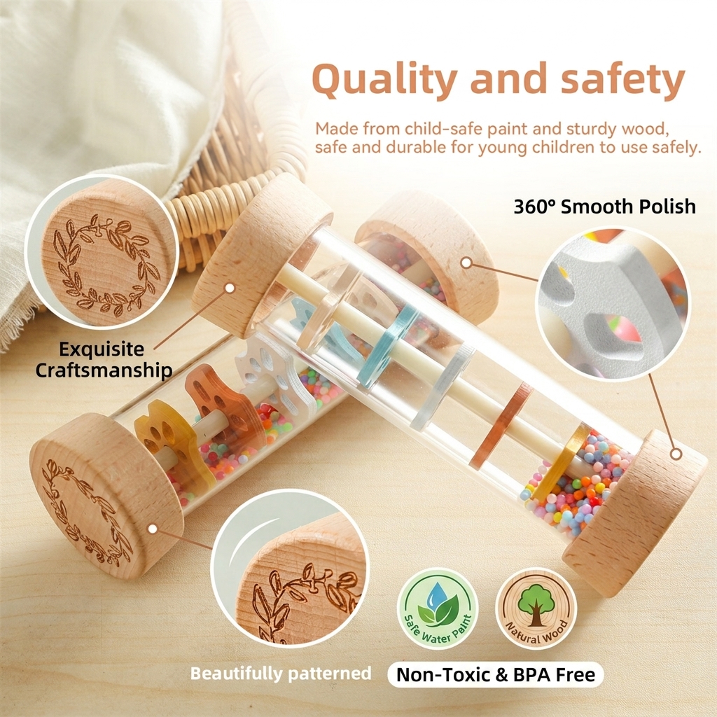 Wholesale Montessori Wooden Rainmaker Toy for Babies Rainstick Music Rattle Sensory Sound Toy Early Educational Infant Toys