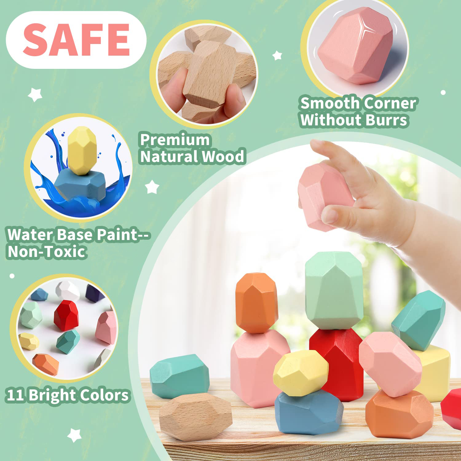 16 Colorful Wood Montessori Toy Building Block Set Stacking Stones Large Wooden Blocks Children's Education Toys for Toddlers