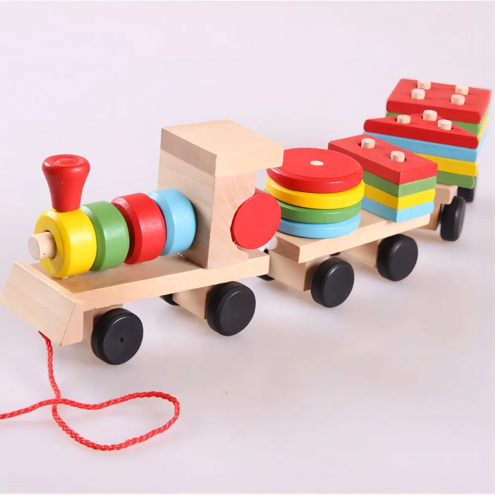 Wooden Small Train Toy Car Three Section Shape Drag Car Toy Children′ S Educational Toys Fun Early Education Building Blocks