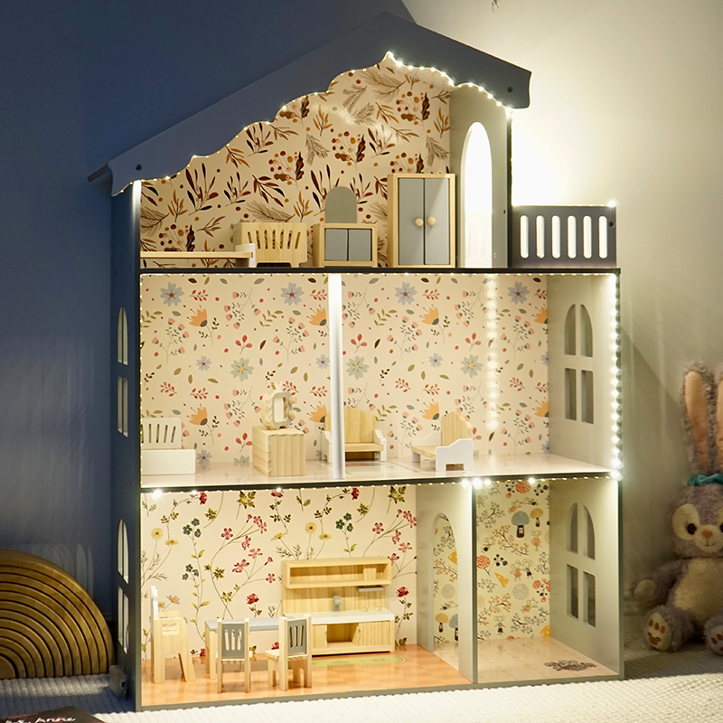 Children's Wooden Nordic-style Realistic Lighting Three-story Villa Pretend-play Princess Dollhouse Set of Toys
