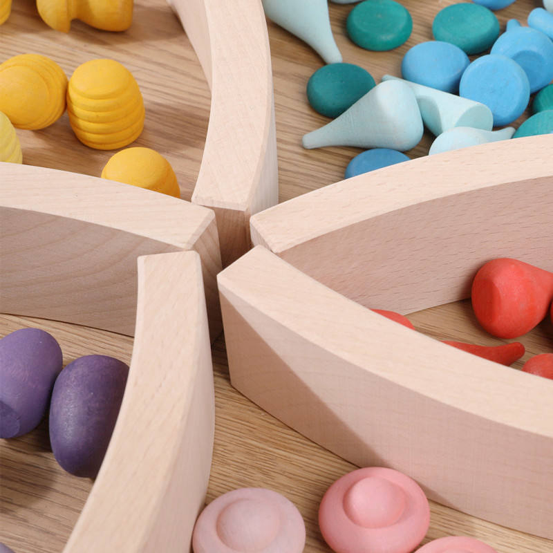 12PCS Solid Beech Wood Rainbow Color Bending Plate Building Blocks