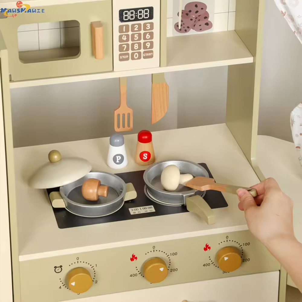 Kid Kitchen Toddler Wooden MDF Pretend Cooking Set with Microwave Role Playing Educational Toy for Child Boy Girl