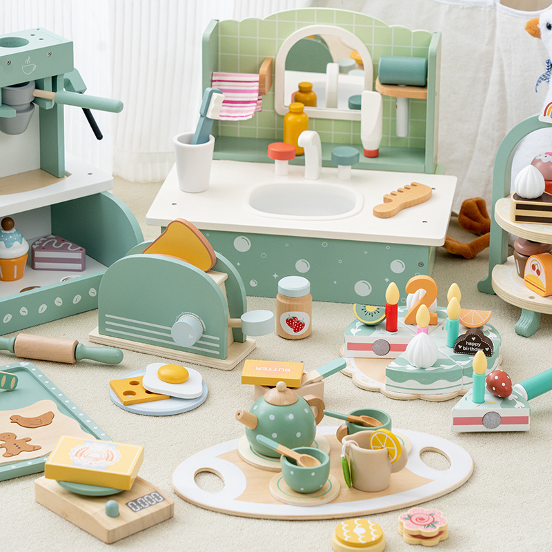 Children's Wooden Toy Pretend Play Afternoon Tea Shop with Coffee Machine and Dessert Role-Playing Store for Kids Boys Girls