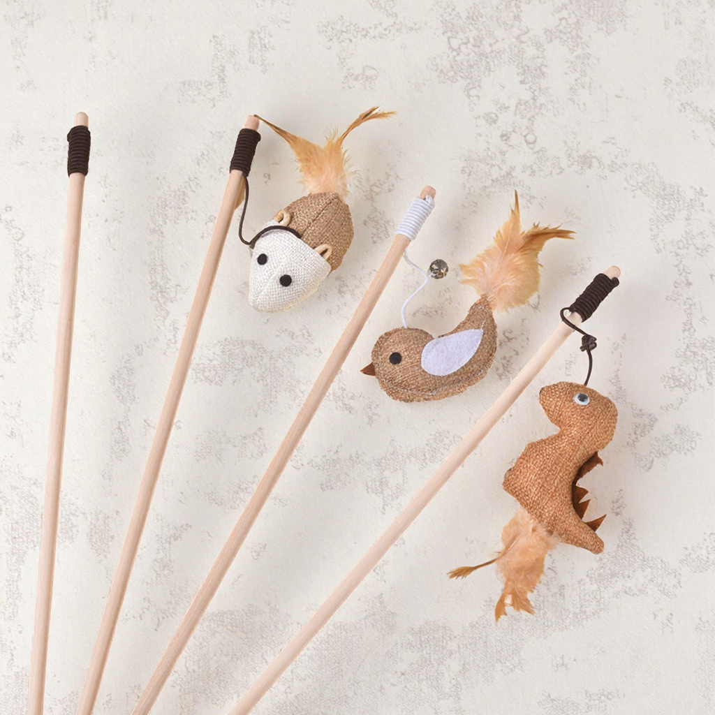 Interactive Eco-Friendly Durable Wood Cat Toy Feather Bell Playing Rod Teaser Linen Wooden Pole Teeth Cleaning Feature