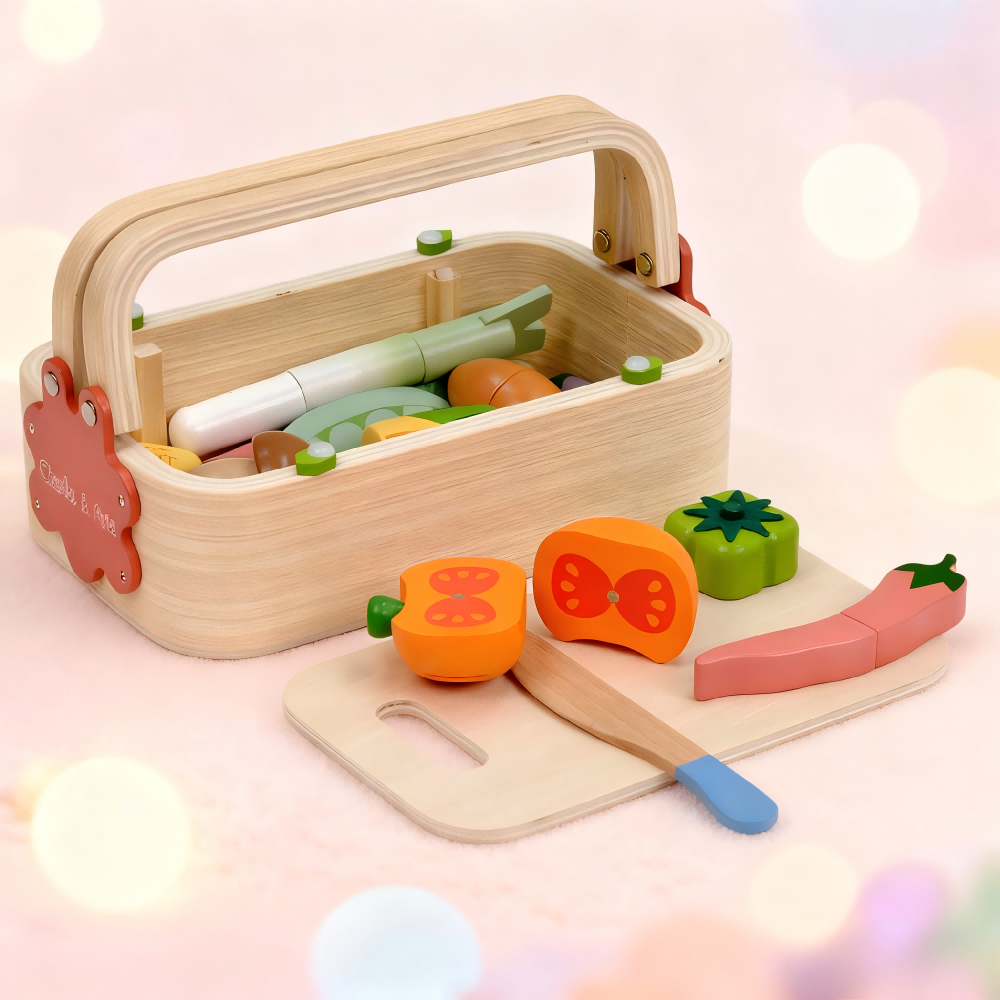 Wooden Play Food for Kids Kitchen Pretend Cutting Food Toys With Wooden Tray Dishes Knife for Kids Pretend Play Food