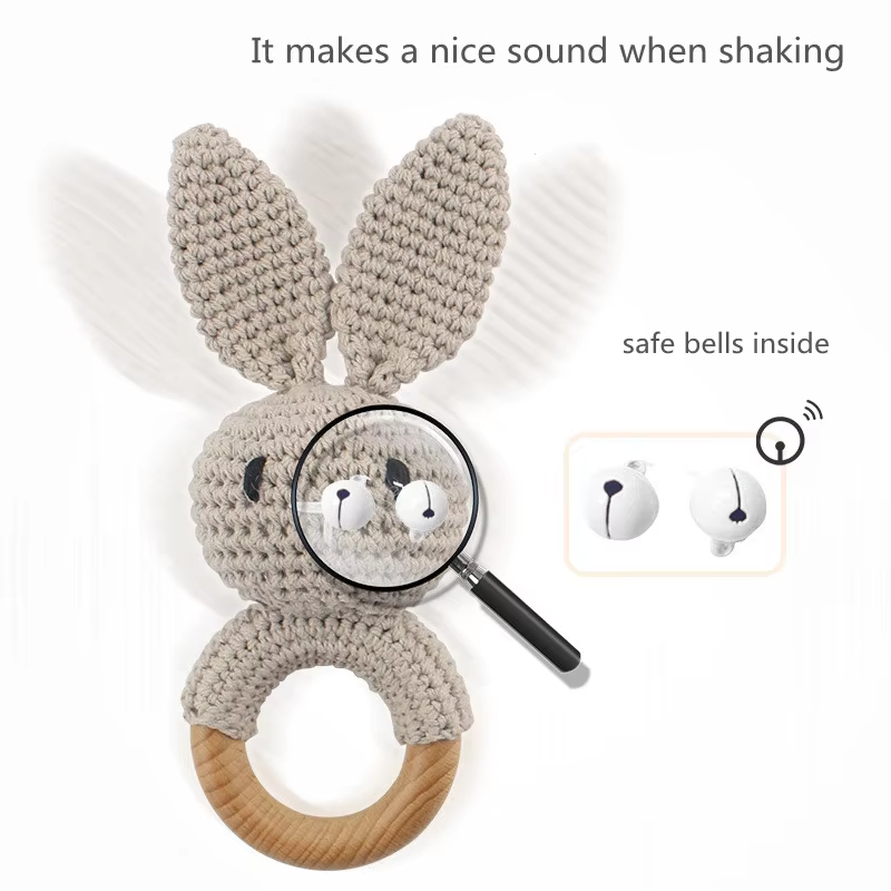 Newborn Baby Wooden Crochet Rattle Bunny Toy Teething Ring Gift Decor Wall Signs Wood Craft Box for Home Decor